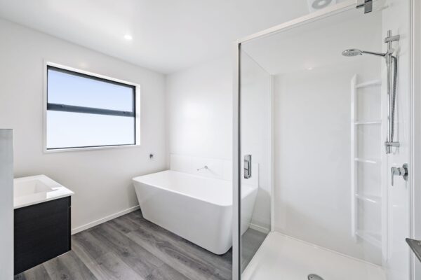 KAD Build home building company modern white bathroom house design for Woodville home plan Christchurch, Methven, Prestons Park, Kirwee, Halswell, Darfield, Rolleston, Canterbury, New Zealand