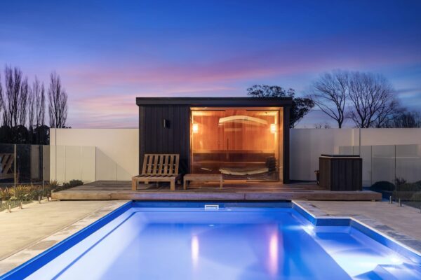 KAD Build new build poolside exterior Verdeco Blvd at dusk, Halswell, Methven, West Melton, Sheffield, Preston Park, Springston, Canterbury, New Zealand